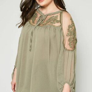 NWT $100 Flowy 2 pc Romantic Boho tiered pant set with Lacey Tunic top olive 1X